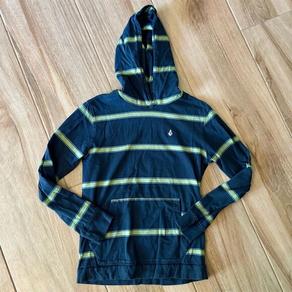 Volcom Boys M Navy Striped Lightweight Hooded Long Sleeve Shirt - Picture 1 of 5